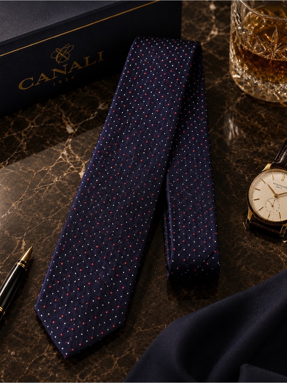 Imani Uomo Handmade 100% Silk Tie Navy Blue Red White Dot Classic Necktie